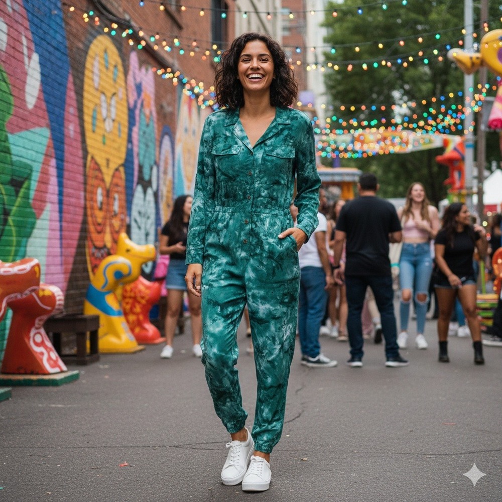 Khush Womens Green Tie Dye Jumpsuit SZ Small‎ Long Sleeve Button Up Pockets